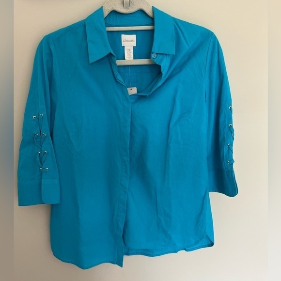 Chicos Lace Up Sleeve Button Up Shirt Size 0P Azul Isle New - Picture 1 of 8